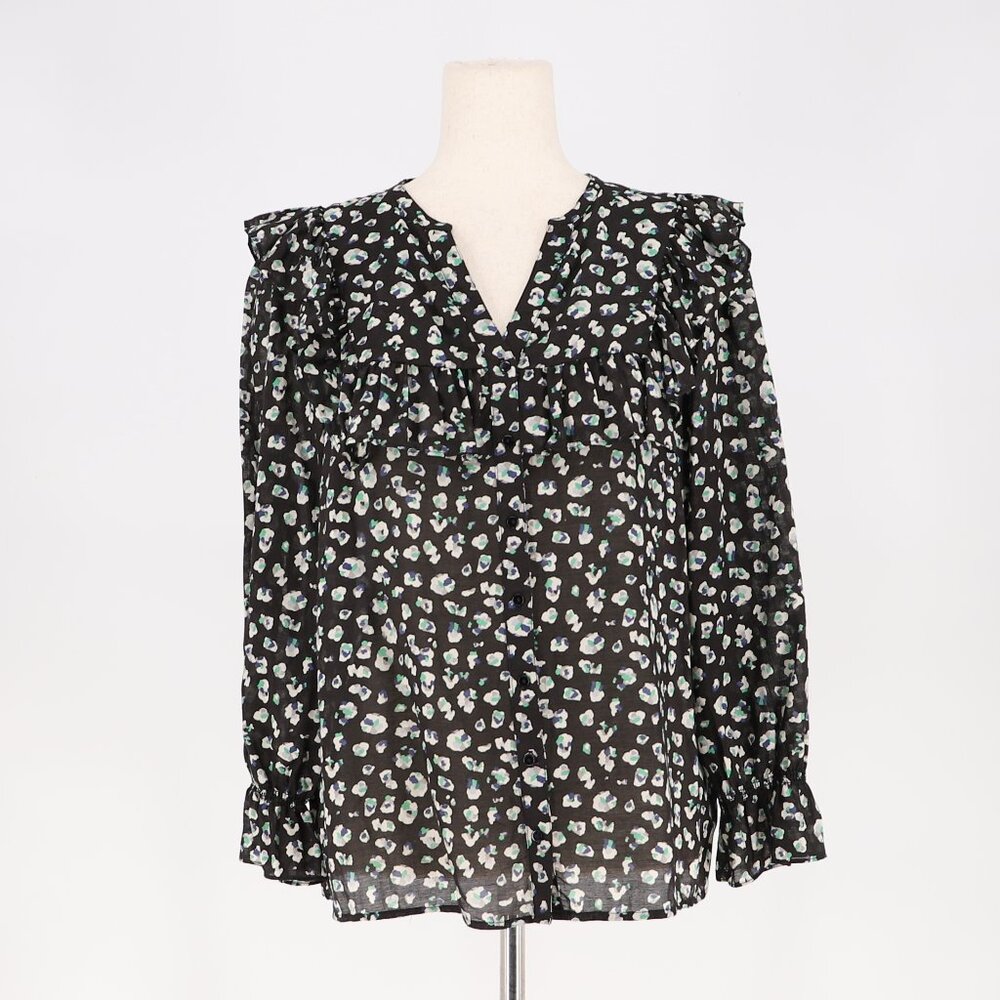 ba&sh Blake Blouse Ruffled Yoke Abstract Printed Long Sleeve Black Green Size M - Picture 3 of 9
